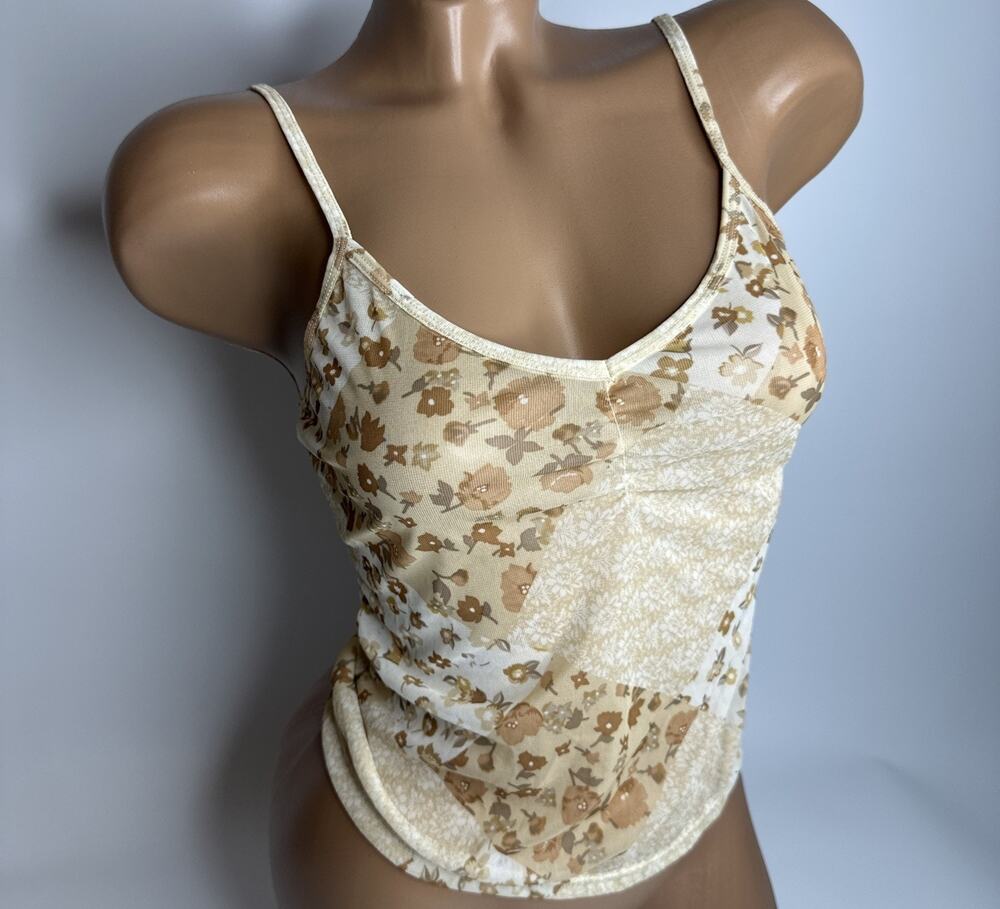 Gloria Vanderbilt Sheer Mesh Cami Top Womens M Beige Floral Ruched Fairy Y2K